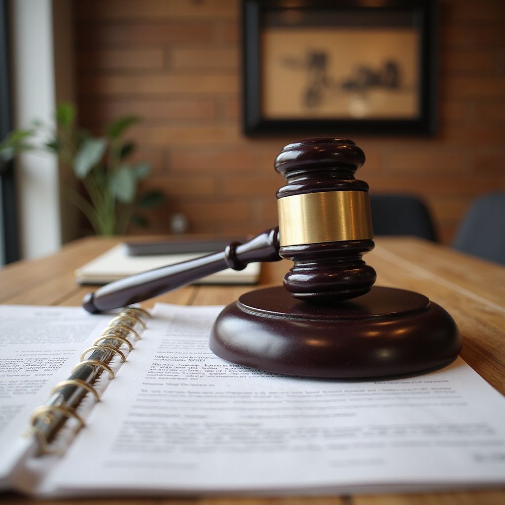 Wooden gavel on desk with documents and notepad, likely in a law office.