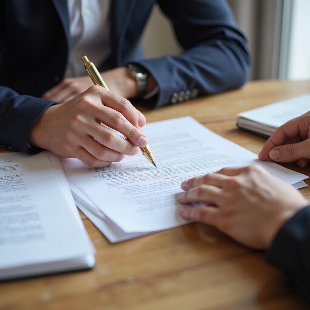 Person in a suit signing a document with a gold pen on a wooden table. Other person's hands are visible.