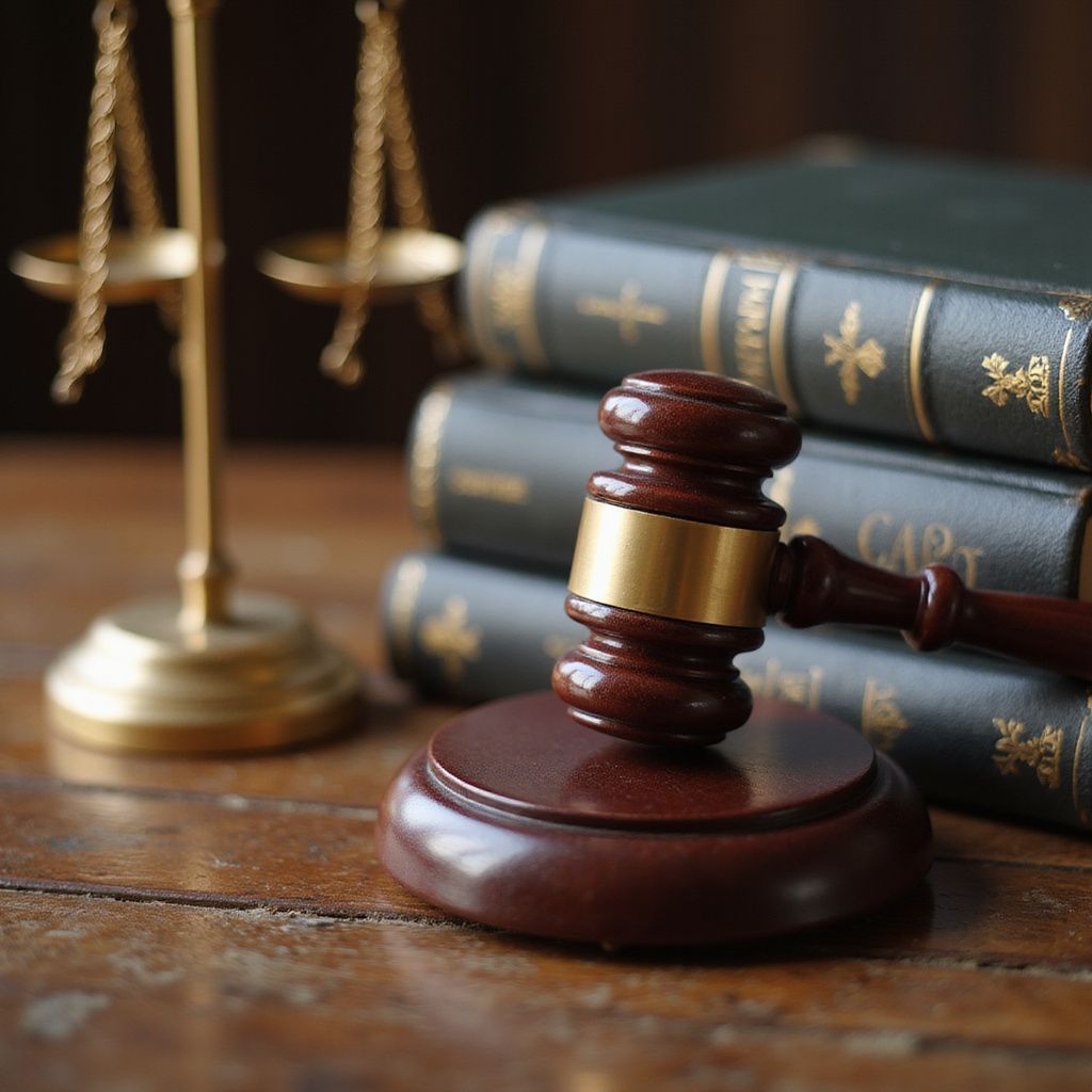 Scales of justice, gavel, and law books on a wooden surface, symbolizing legal proceedings.