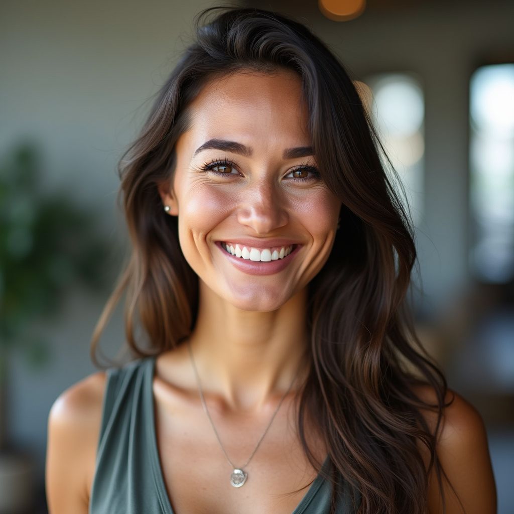 Woman with long dark hair smiles broadly; wearing a green tank top, silver necklace, indoors.