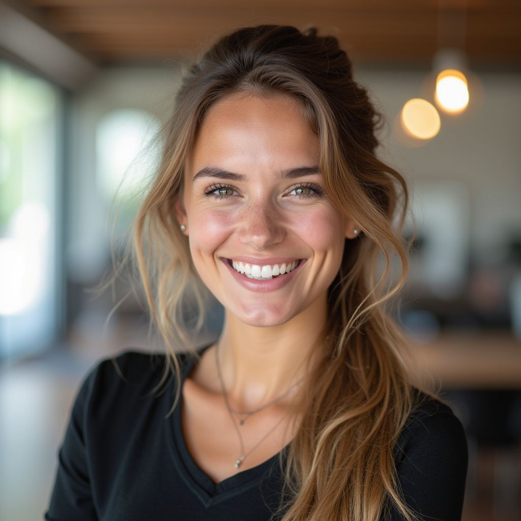 Woman with a wide smile, wearing a black shirt, in a bright office space.