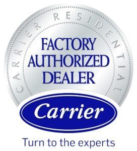 Carrier Factory Authorized Dealer badge in silver and blue. Includes the Carrier logo.