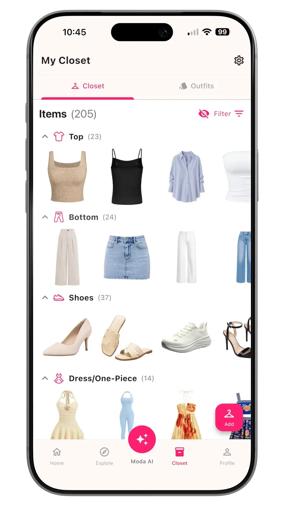 Clothes organized by category in the Alamoda digital wardrobe