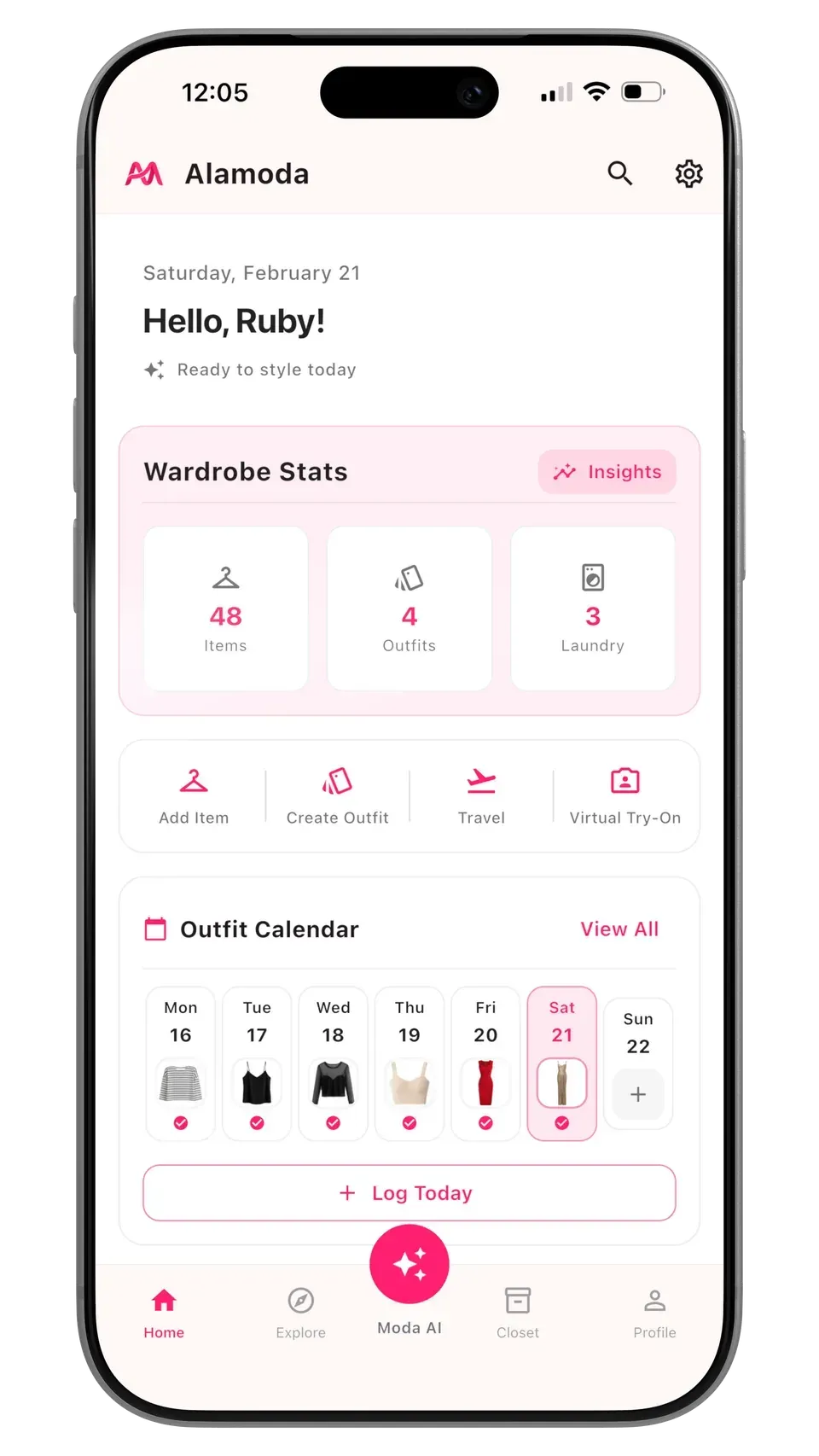 Alamoda home screen showing wardrobe statistics, shortcuts, and the outfit calendar