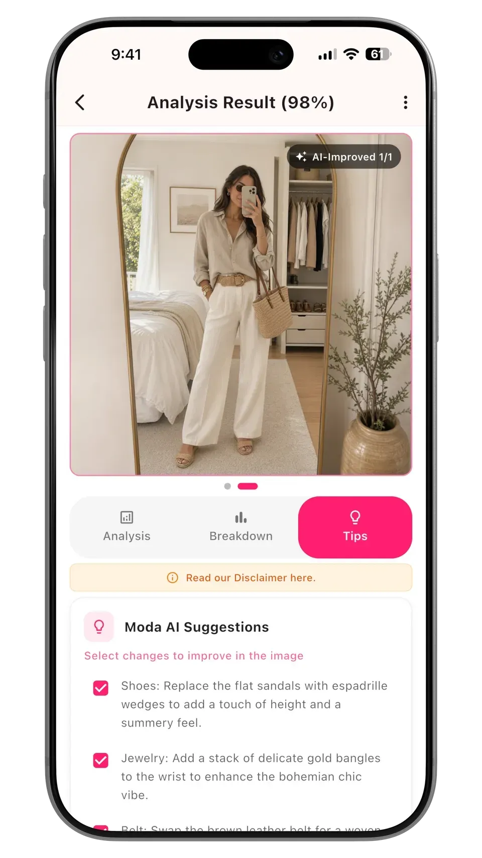 Moda AI Improve Outfit screen showing selected styling suggestions and an updated outfit