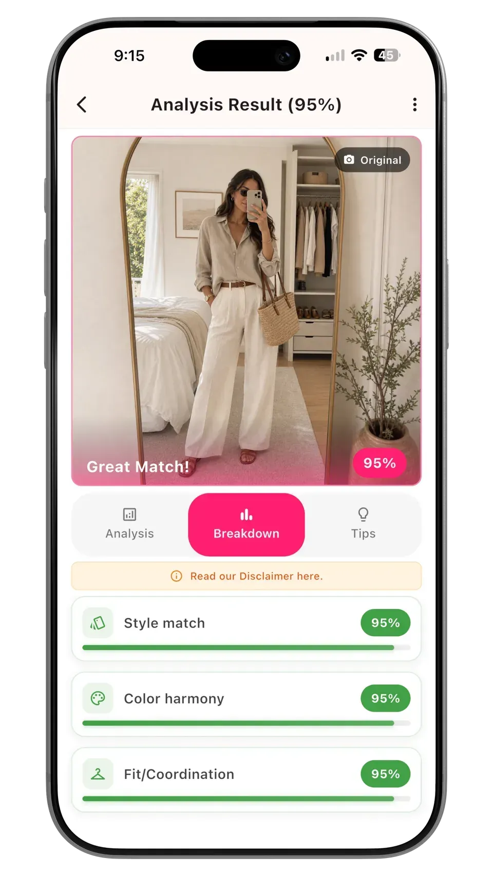 Moda AI Outfit Check analysis showing an outfit score and category breakdown