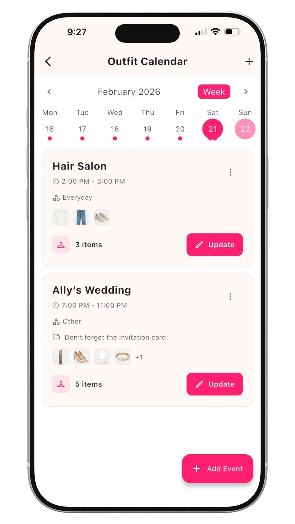 Alamoda outfit calendar showing planned looks for upcoming events