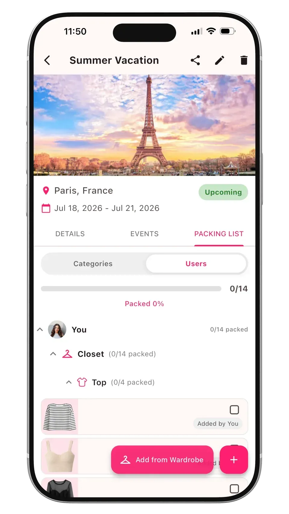 Alamoda travel planner showing a trip, packing list, and wardrobe items