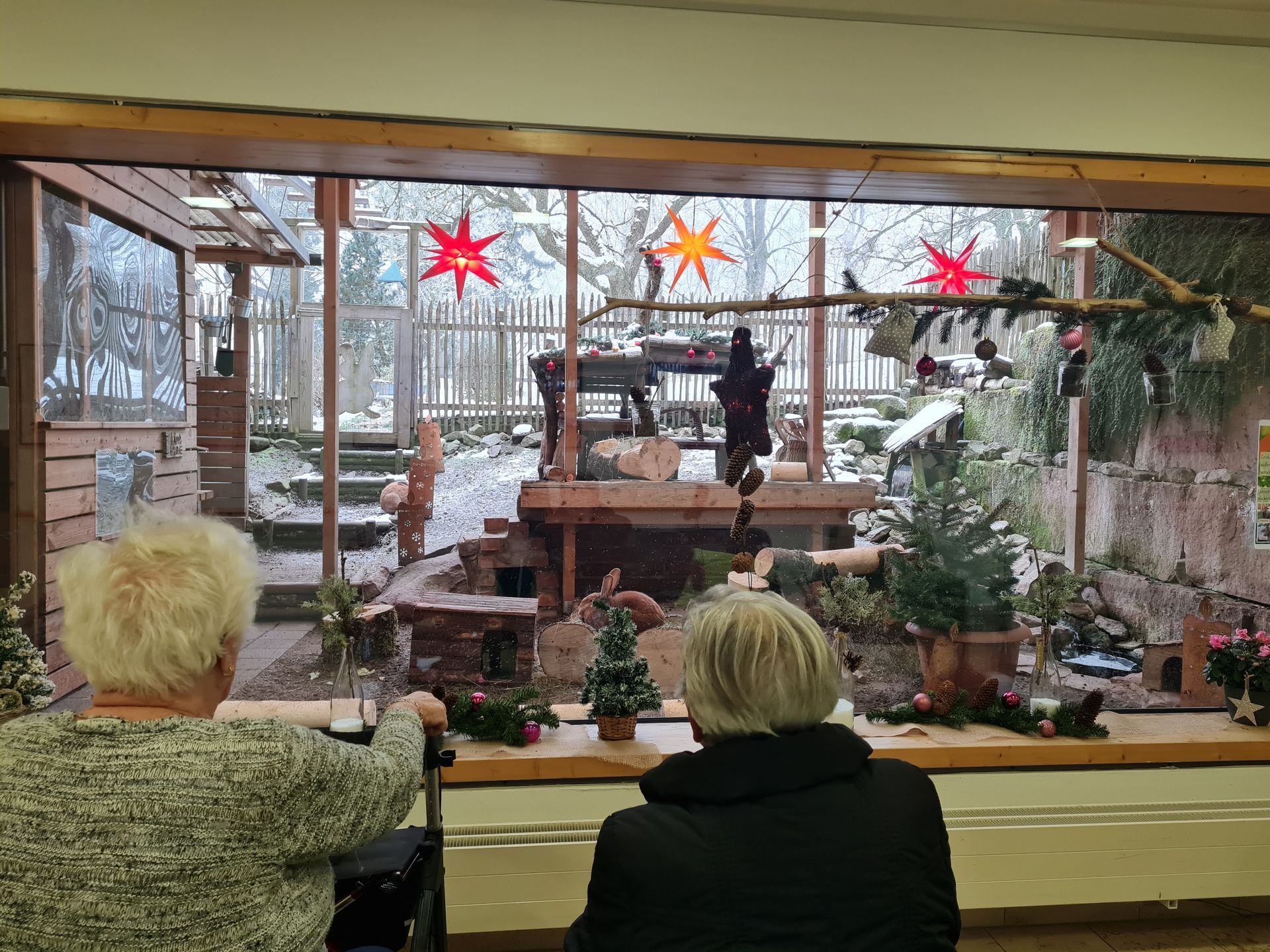 Zwei ältere Frauen betrachten durch ein Fenster eine Weihnachtskrippe. Sterne und Schnee im Freien sind zu sehen.