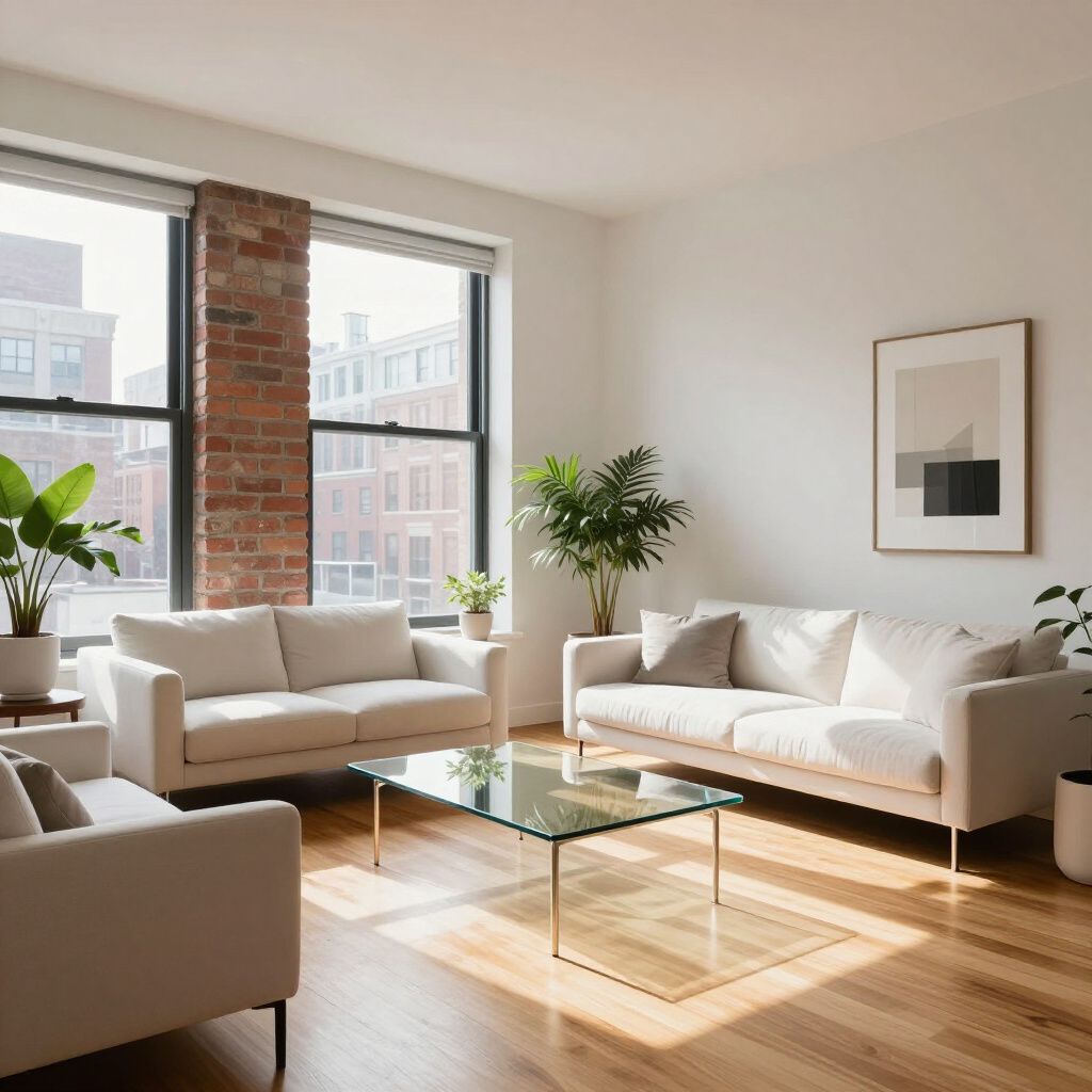 Bright living room with white sofas, brick accent wall, large windows, and plants.
