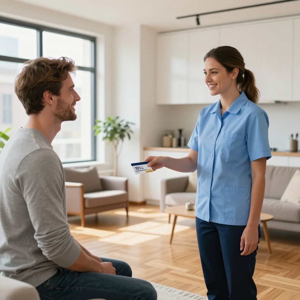 A person in a blue uniform offers a card to a seated person in a living room.