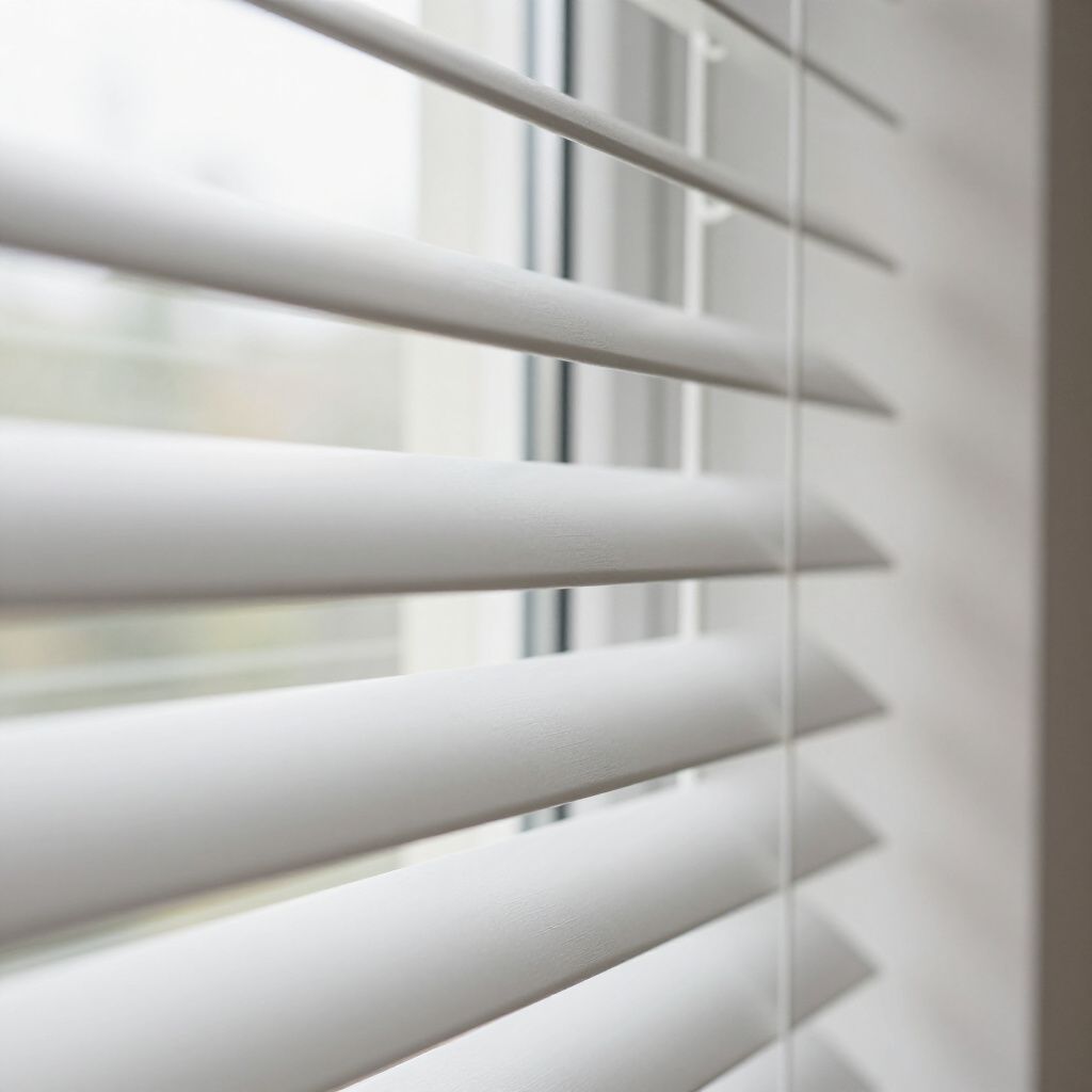 White horizontal blinds on a window, partially closed, allowing some light in.
