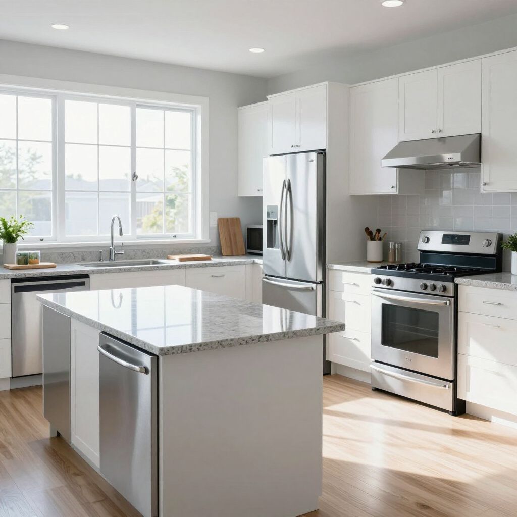 Bright white modern kitchen with island and stainless steel appliances.