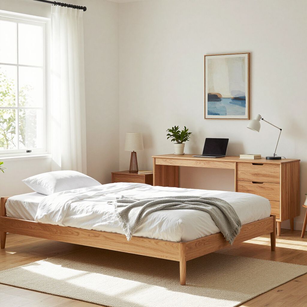Bedroom with a wooden bed, desk, and rug. White walls and curtains.