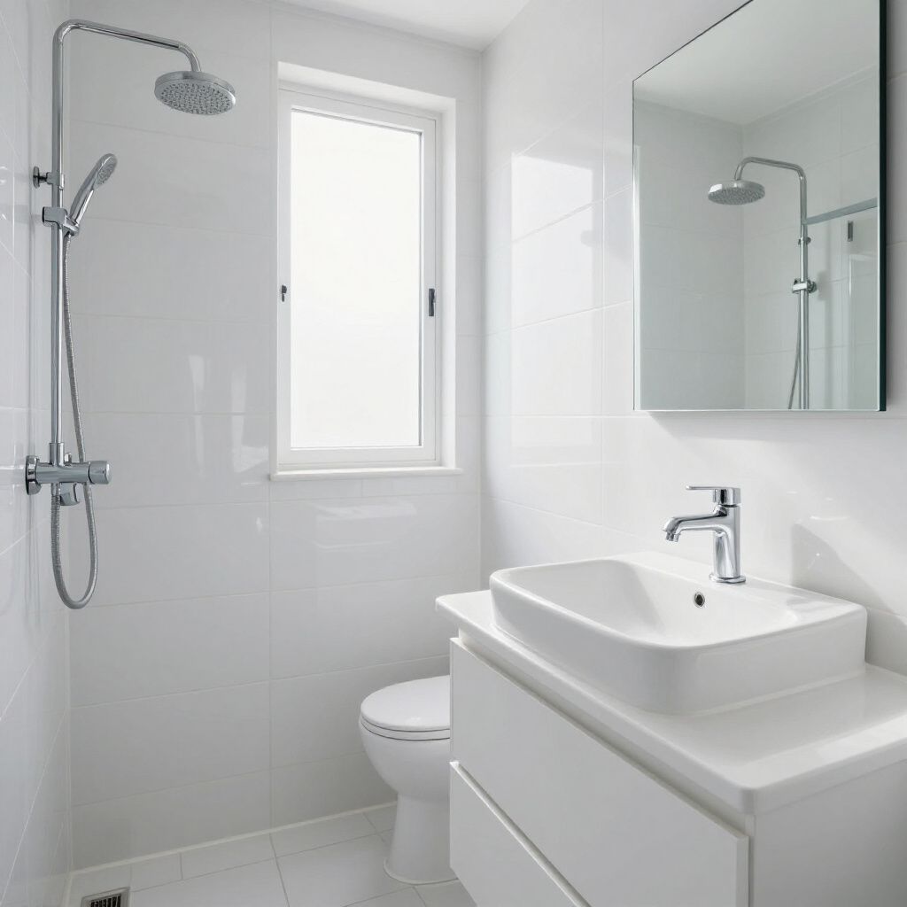 White bathroom with shower, sink, toilet, and window; all surfaces are white, with a chrome showerhead and faucet.