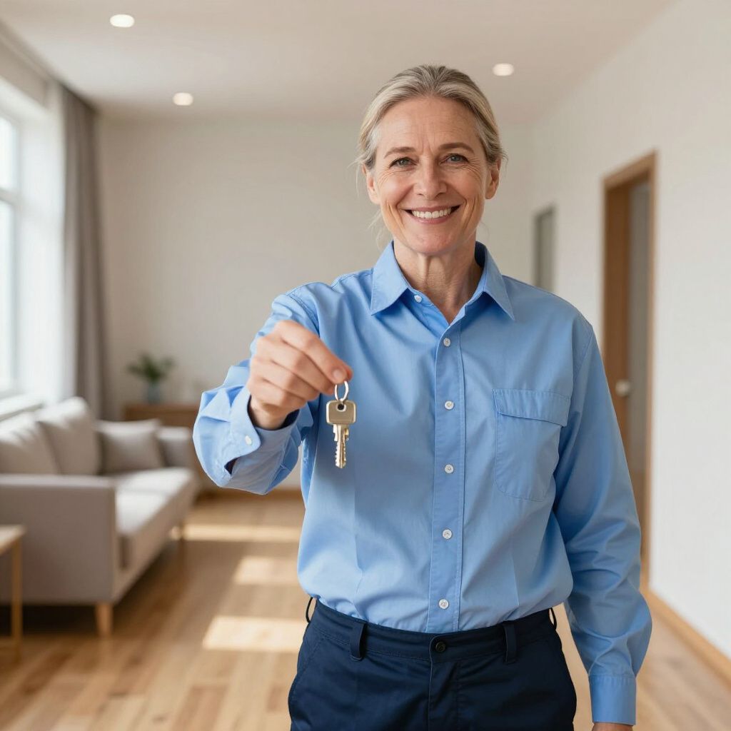 Woman in blue shirt smiling, holding up keys in a bright room.