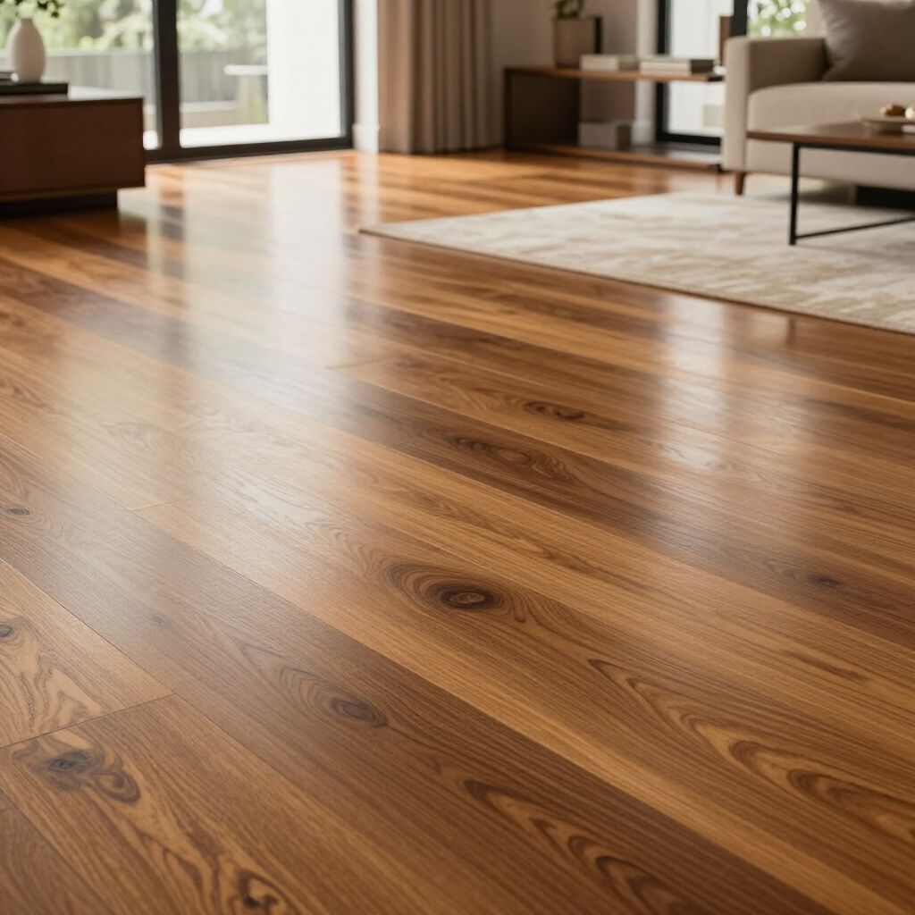 Shiny, brown hardwood floor in a well-lit living room, reflecting light from a window and furniture.
