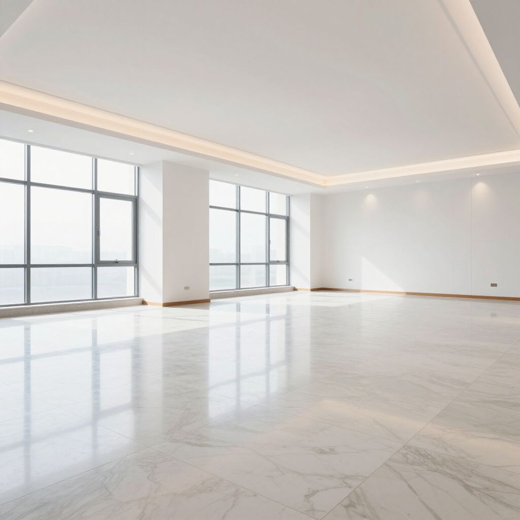 Empty, bright, modern room with large windows, white walls, marble flooring, and recessed ceiling lights.