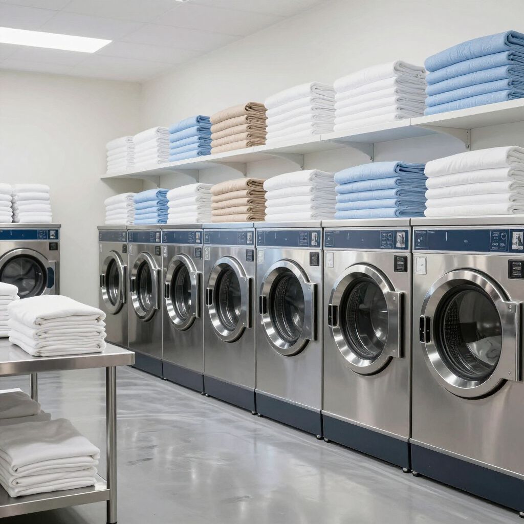 Row of washing machines in a laundry room with shelves of folded towels.