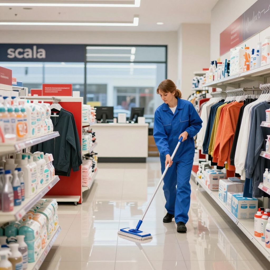 A person in blue coveralls mopping a store aisle with white tile flooring; shelves stocked with products.