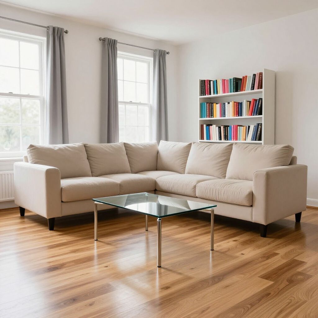Beige sectional sofa in a white room with hardwood floors, windows, a bookcase, and glass coffee table.
