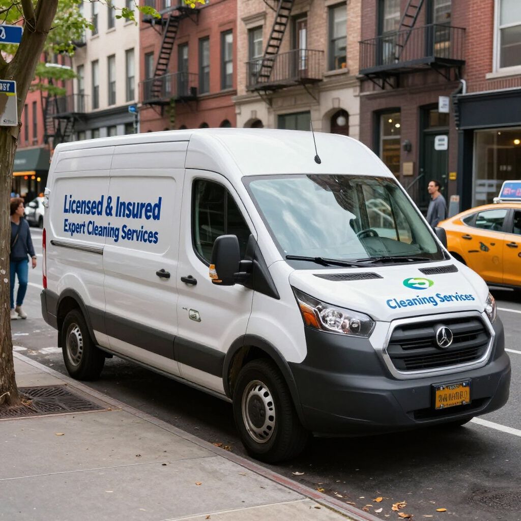 White cleaning service van parked on a city street, with the words