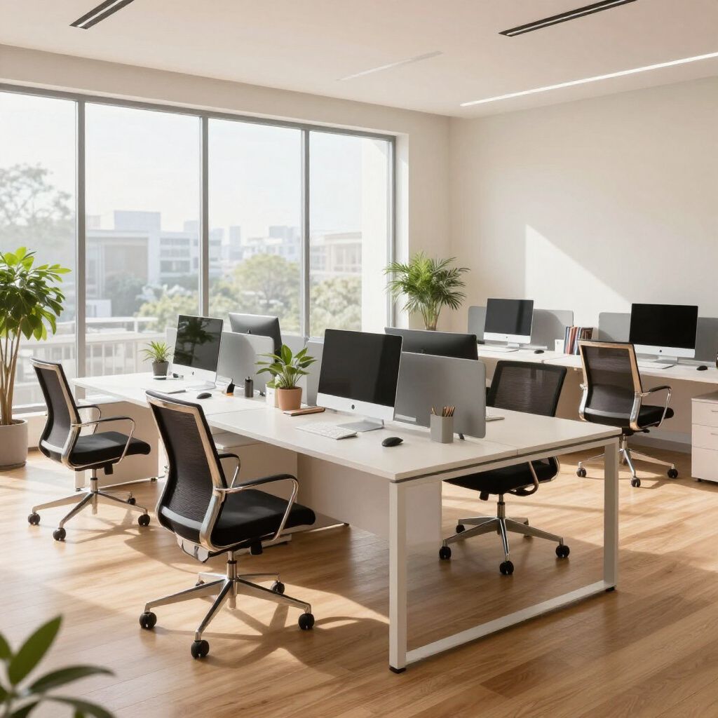 Bright office space with desks, computers, chairs, plants, and large windows with a cityscape view.