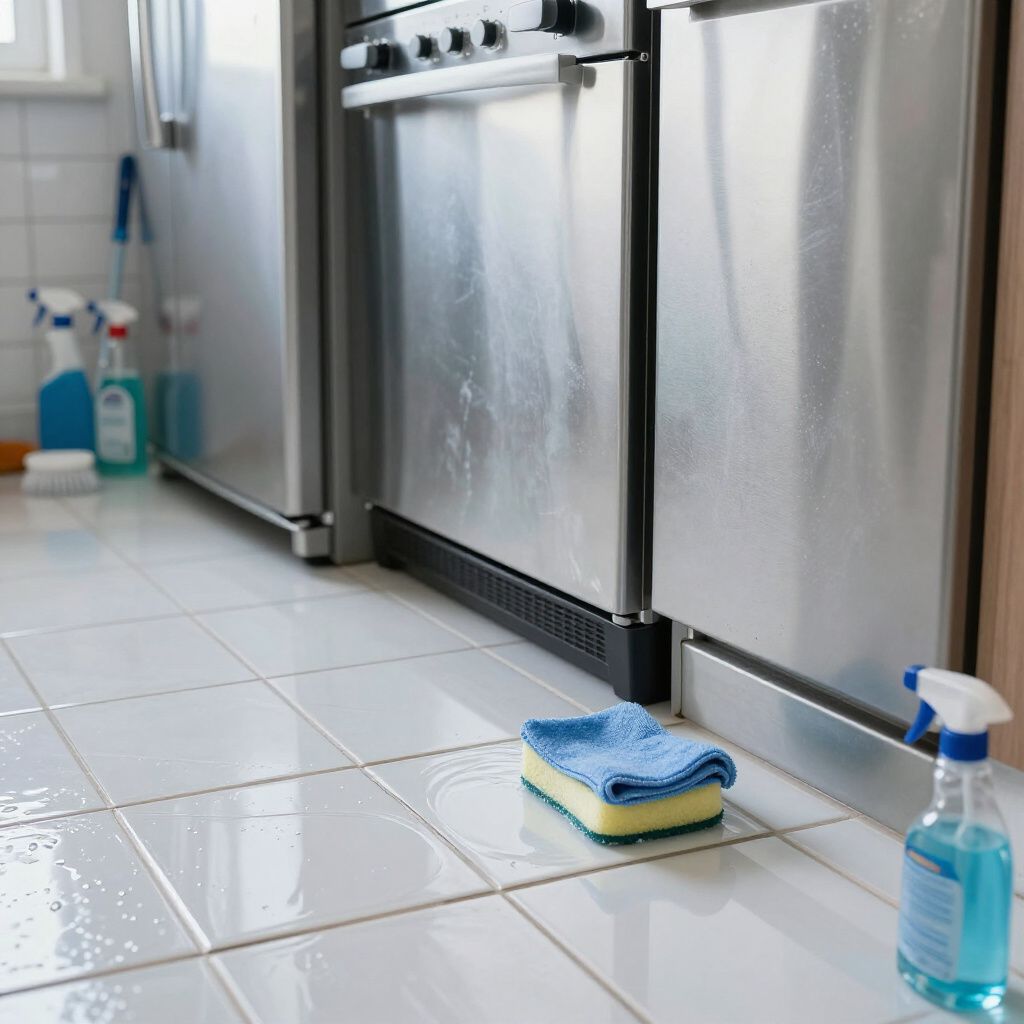 Kitchen floor cleaning: stainless steel appliances, blue cleaning spray, sponge, and tile.