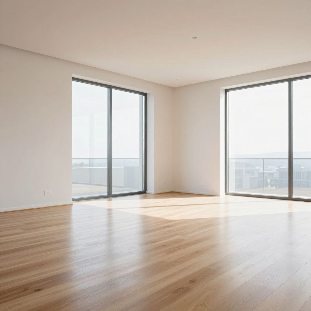 Empty room with hardwood floors, large windows, and white walls.