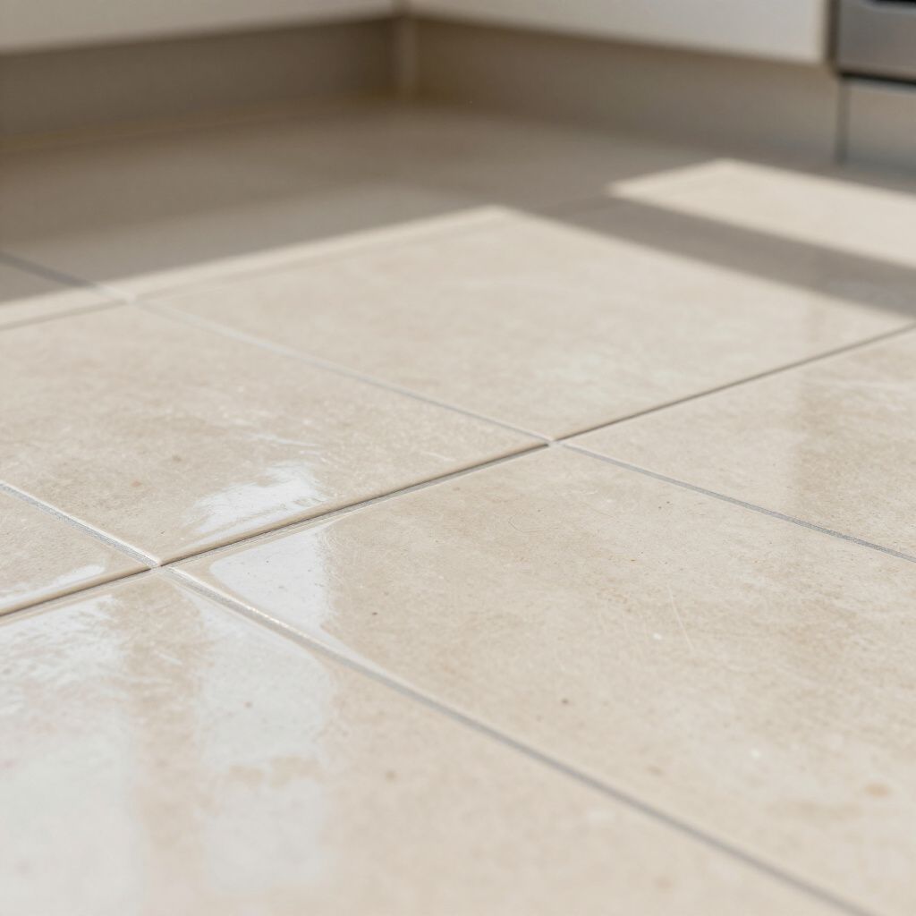 Beige tiled floor with visible grout lines, corner of a room in the background.