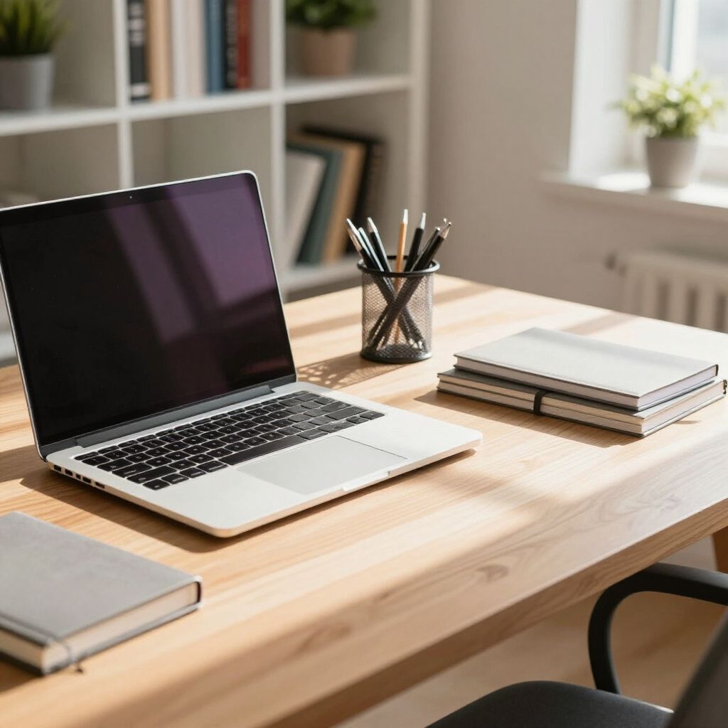 Laptop on wooden desk with books, pens, and bookshelf in a sunny office.