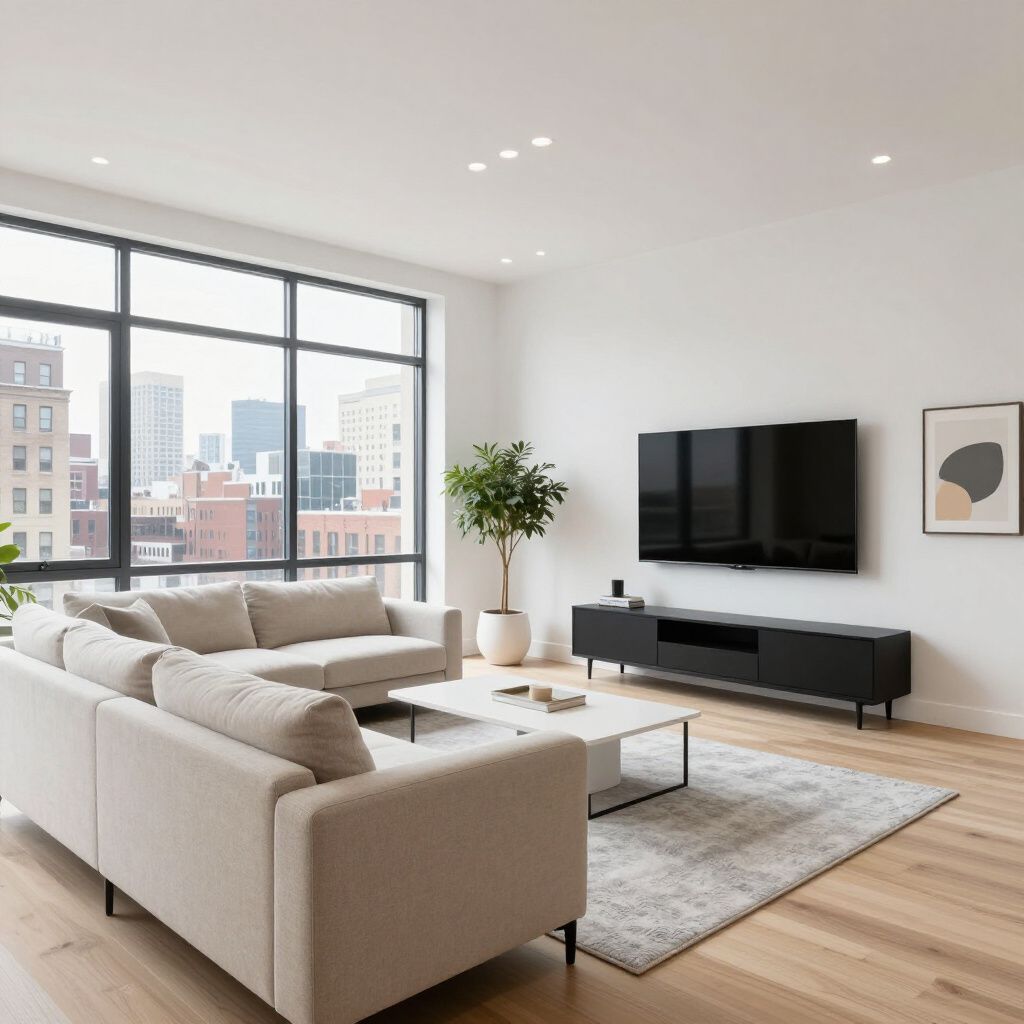 Modern living room with a beige sectional, large windows, and a mounted TV.