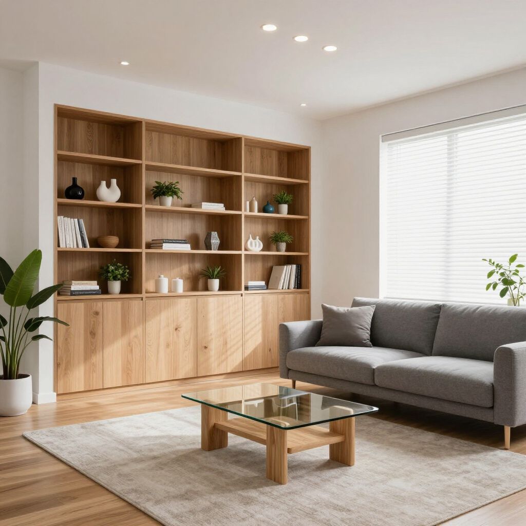 Living room with wooden bookcase, gray sofa, glass coffee table, and large window.