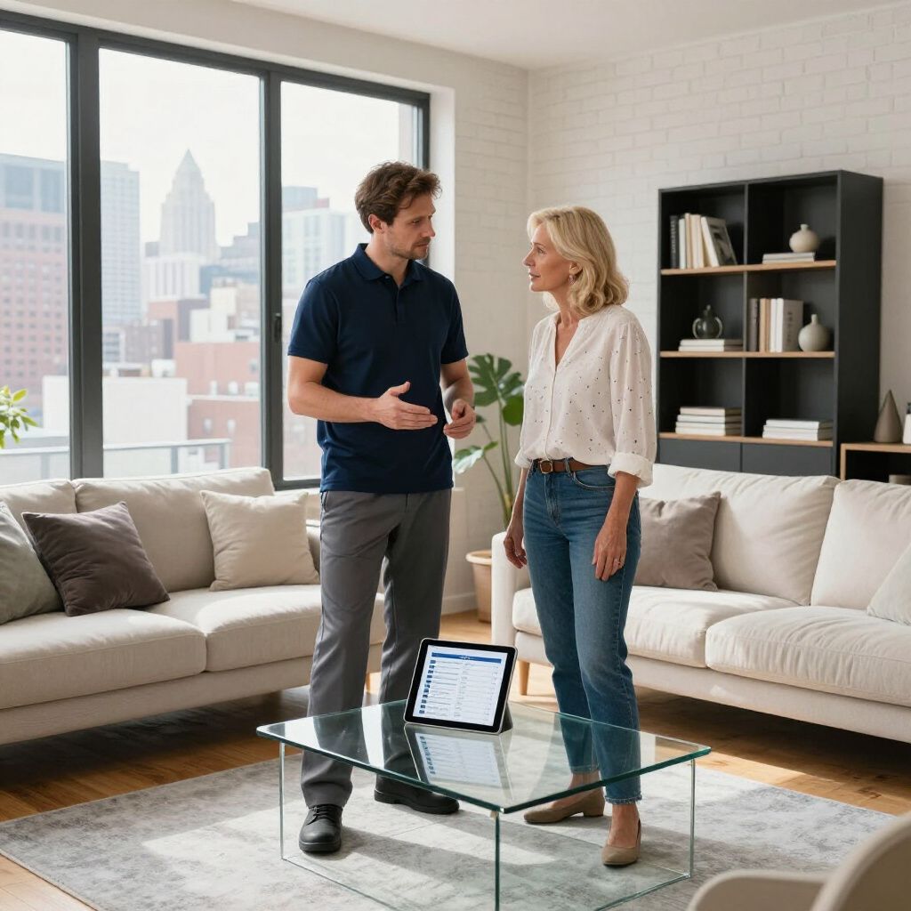 Man and woman discussing, looking at a tablet on a glass coffee table in a living room with city view.
