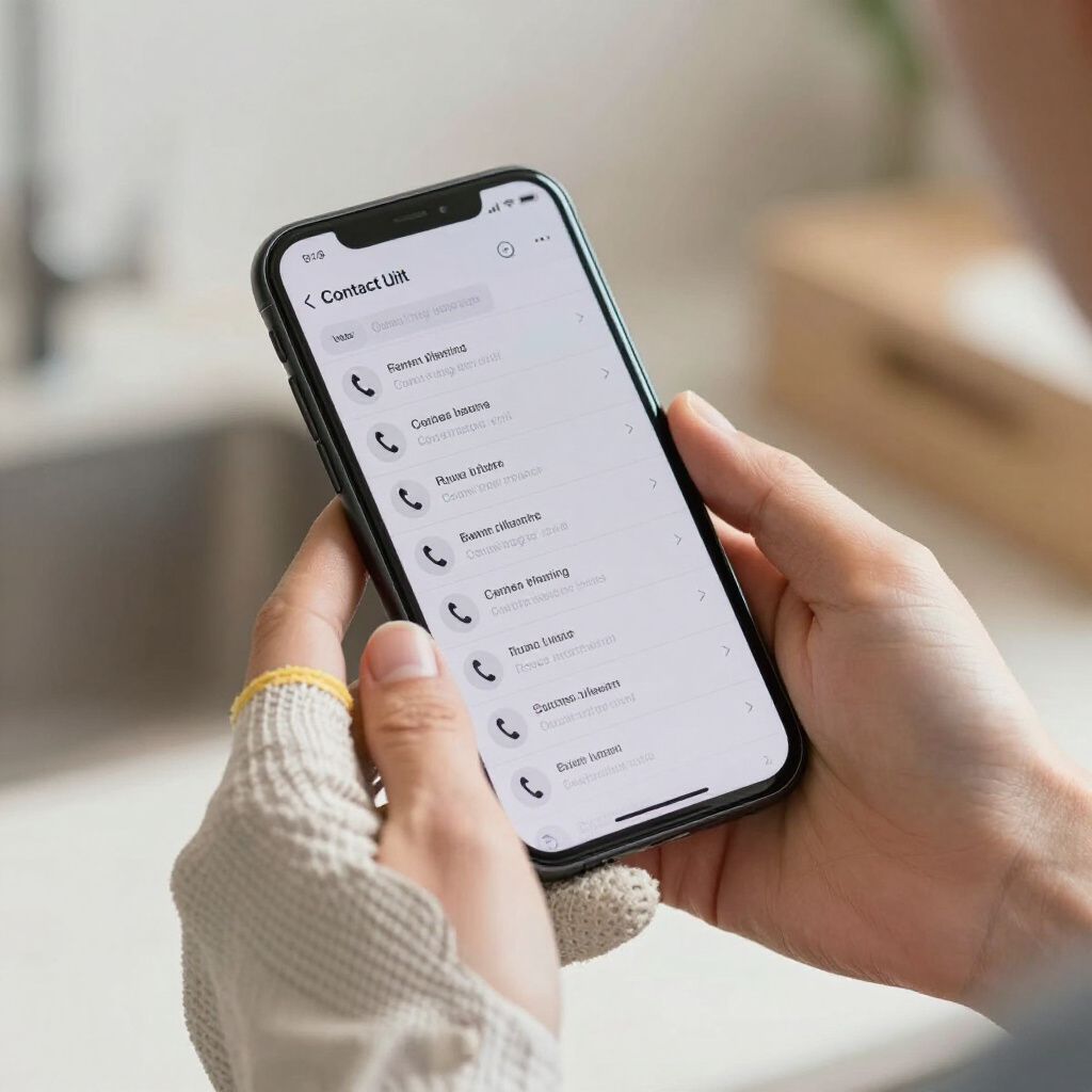 Person holding a smartphone displaying a contacts list. They are wearing a finger cot.