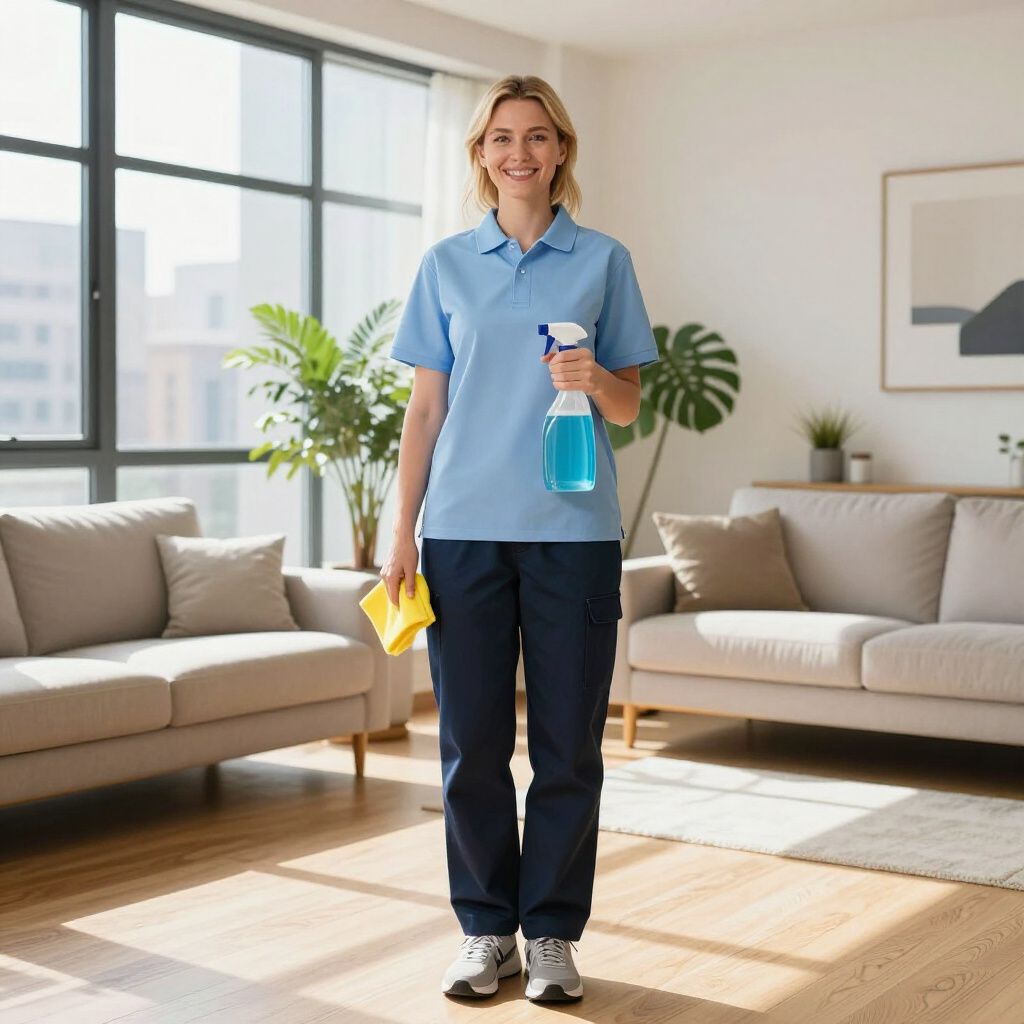 Woman in blue uniform holding spray bottle and cloth, smiling in a clean living room.