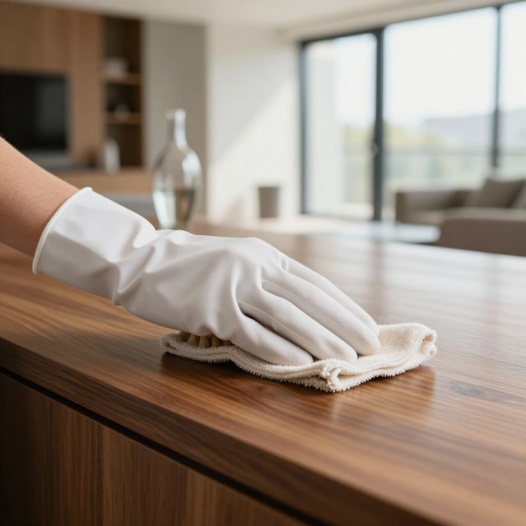 Hand in white glove cleaning a wooden surface with a cloth.