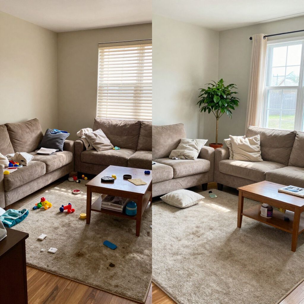 Living room before and after cleaning: brown couch, messy toys to tidy, wood table; clean, with plant and sunlight.