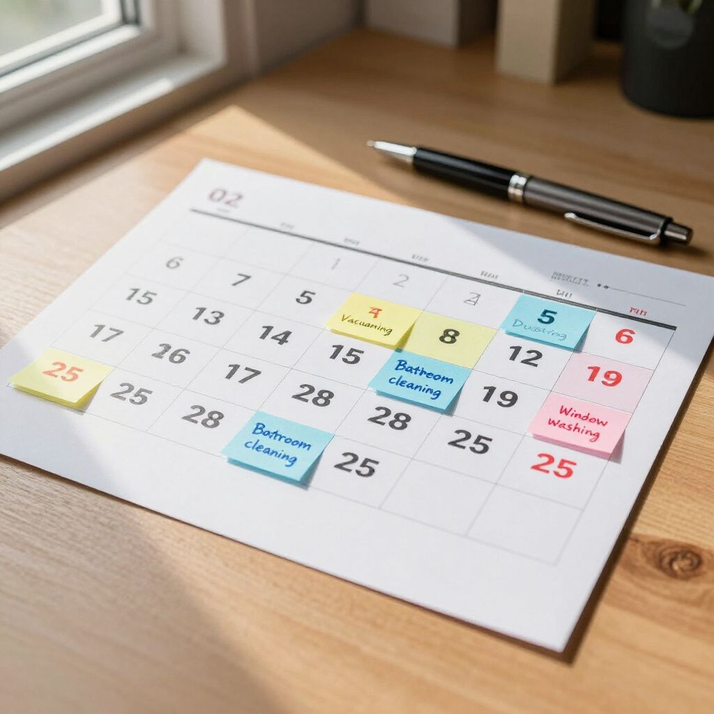 Calendar with sticky notes marking cleaning tasks, and a pen on a desk.