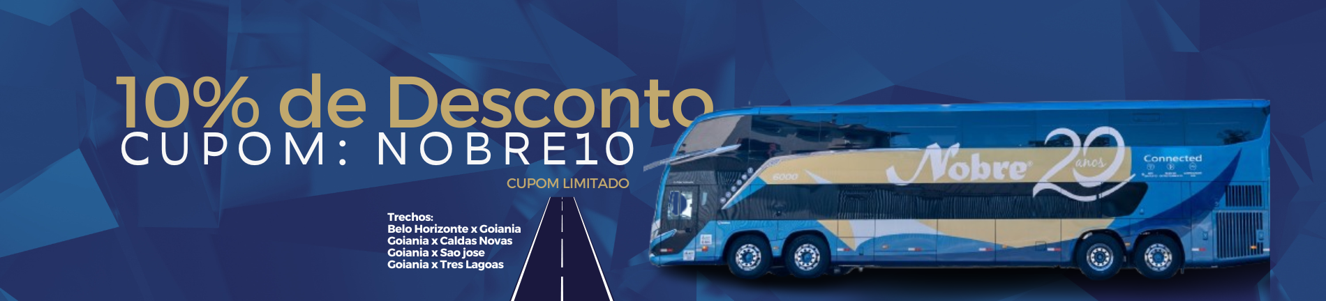 Ônibus com oferta de desconto "10% de Desconto" e código de cupom NOBRE10. Esquema de cor azul.