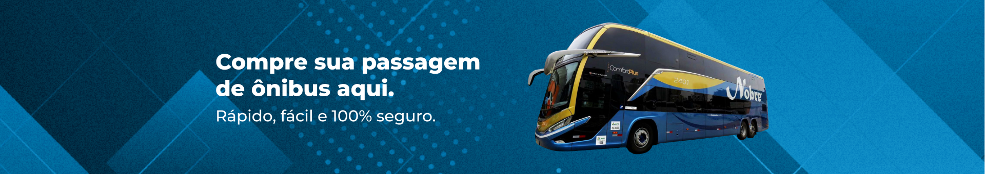 Anúncio azul com ônibus, texto "Compre suas passagens de ônibus aqui".