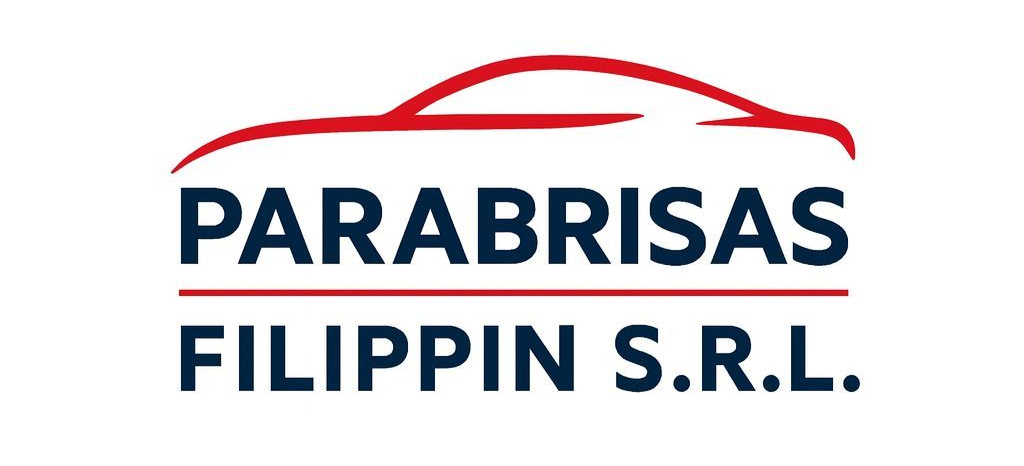 Logotipo de Parabrisas Filippin SRL con el contorno de un automóvil rojo sobre un texto azul oscuro.