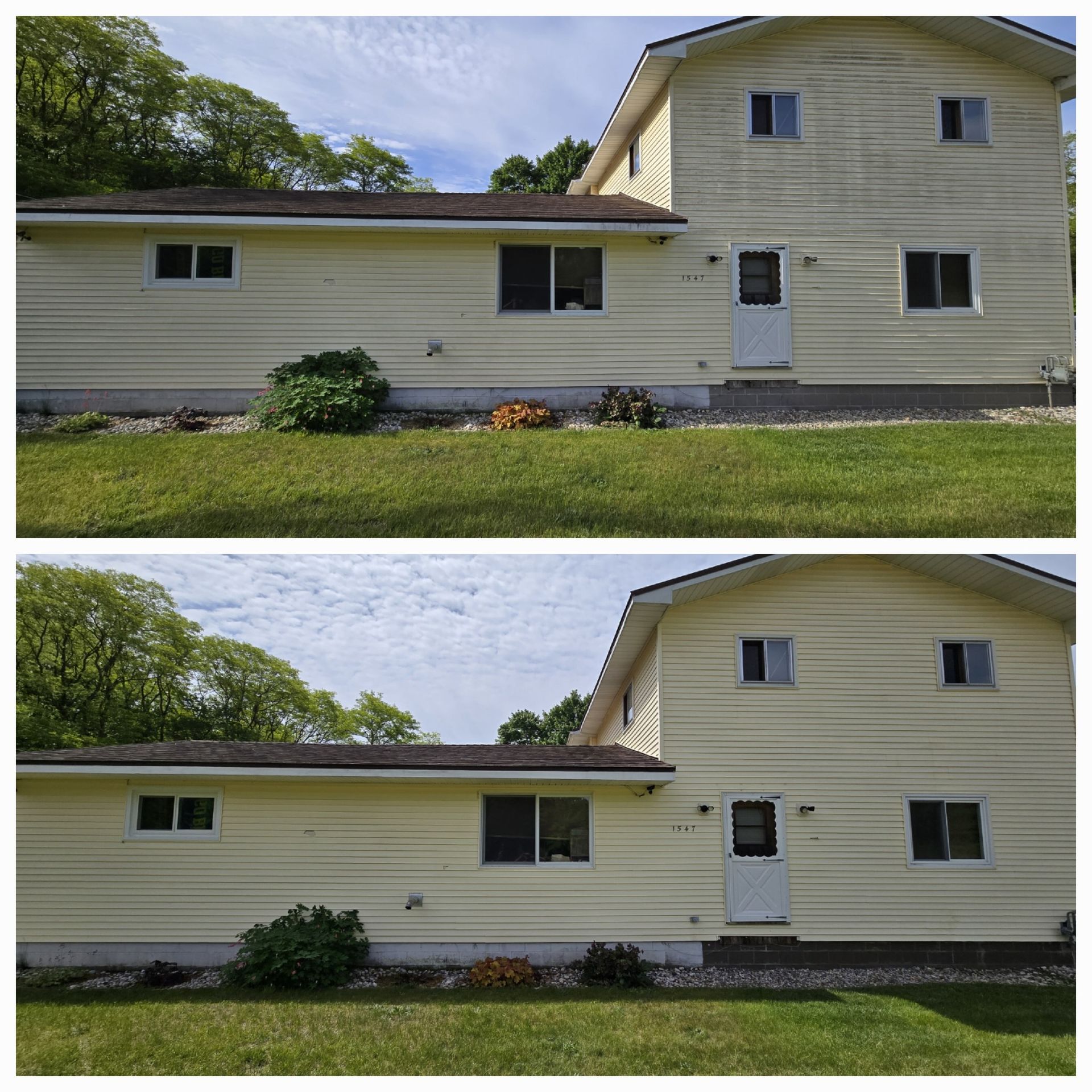 A before and after picture of a house with a lot of windows.