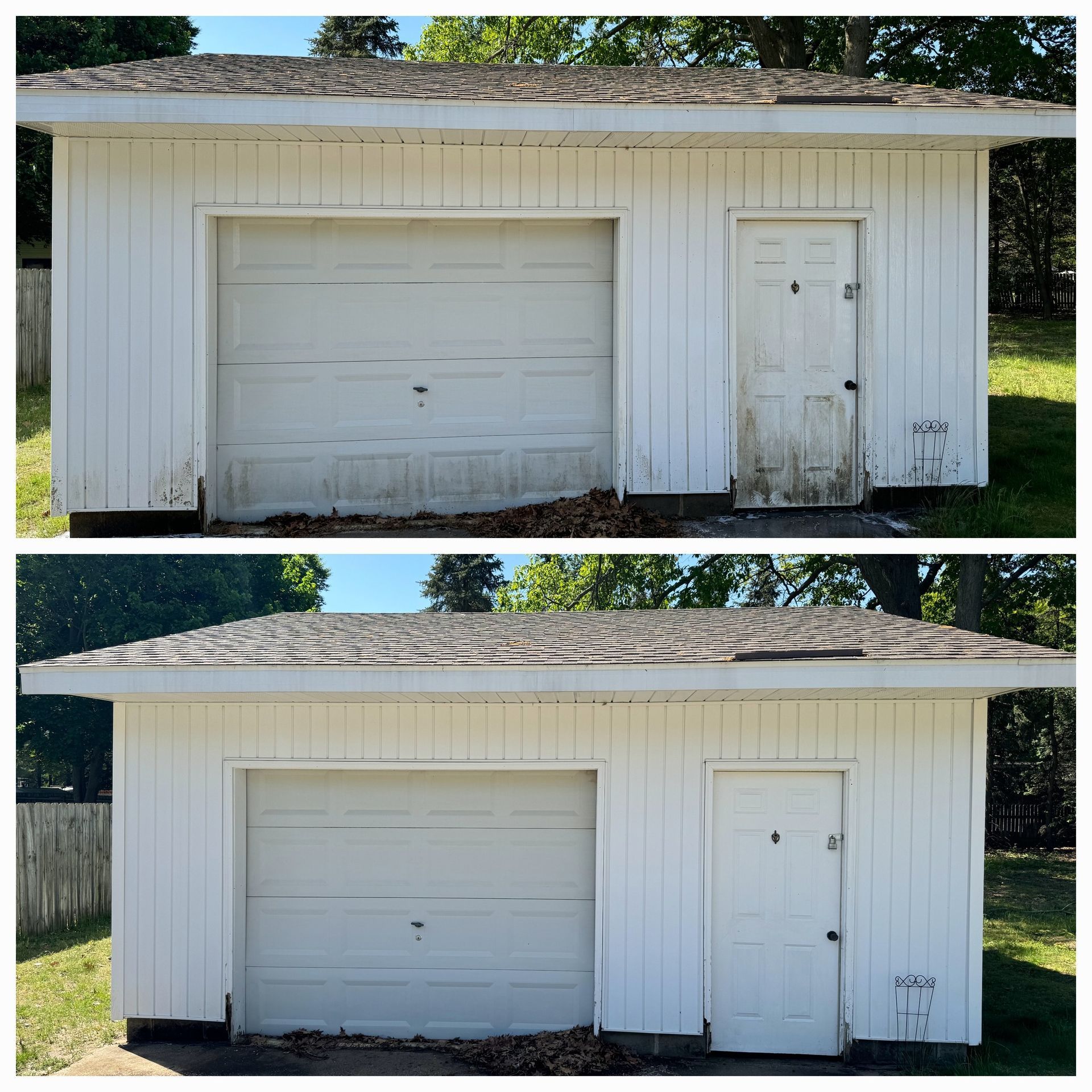 A before and after picture of a white garage door.