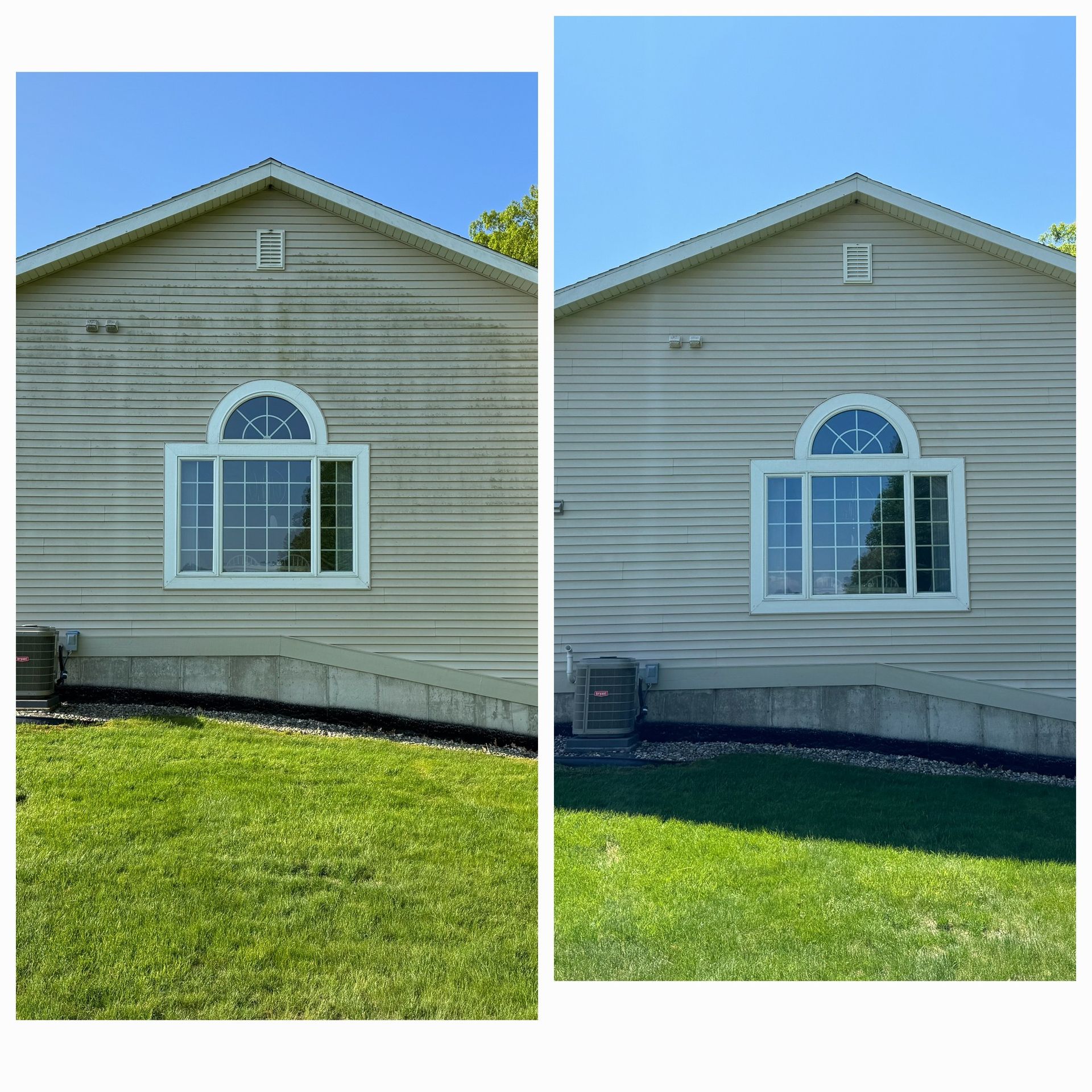 A before and after picture of a house with a lot of windows.