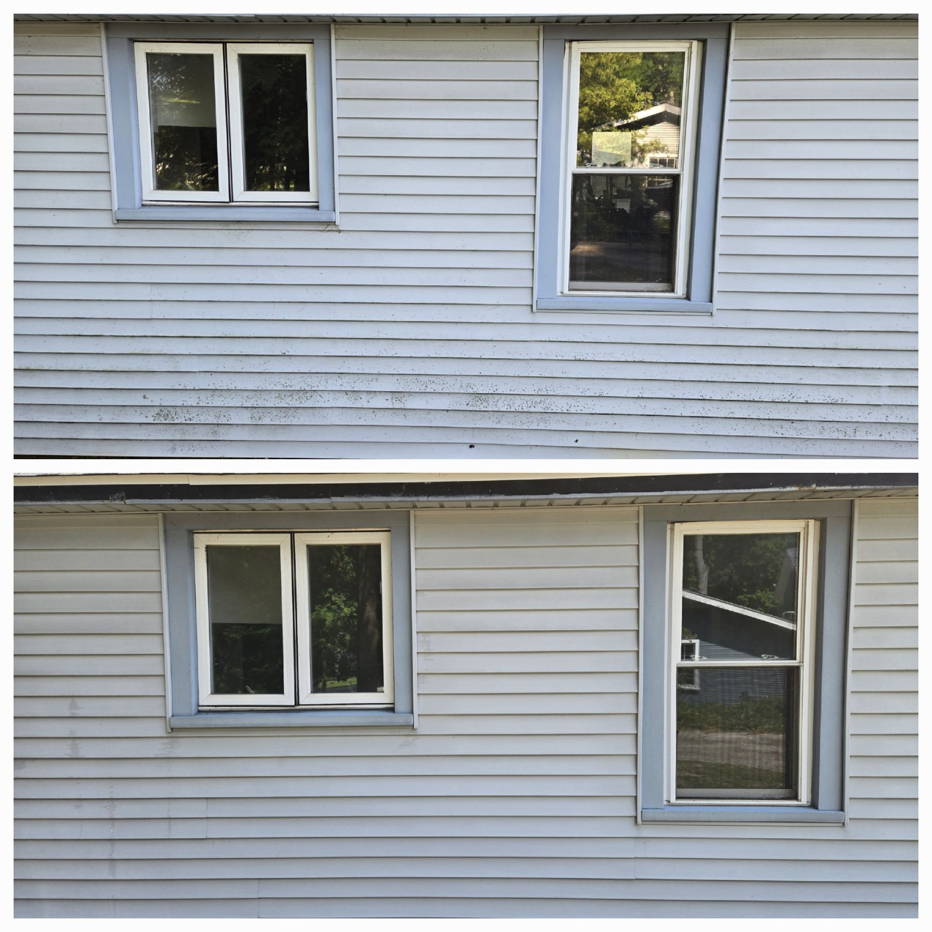 A before and after picture of a house with two windows.