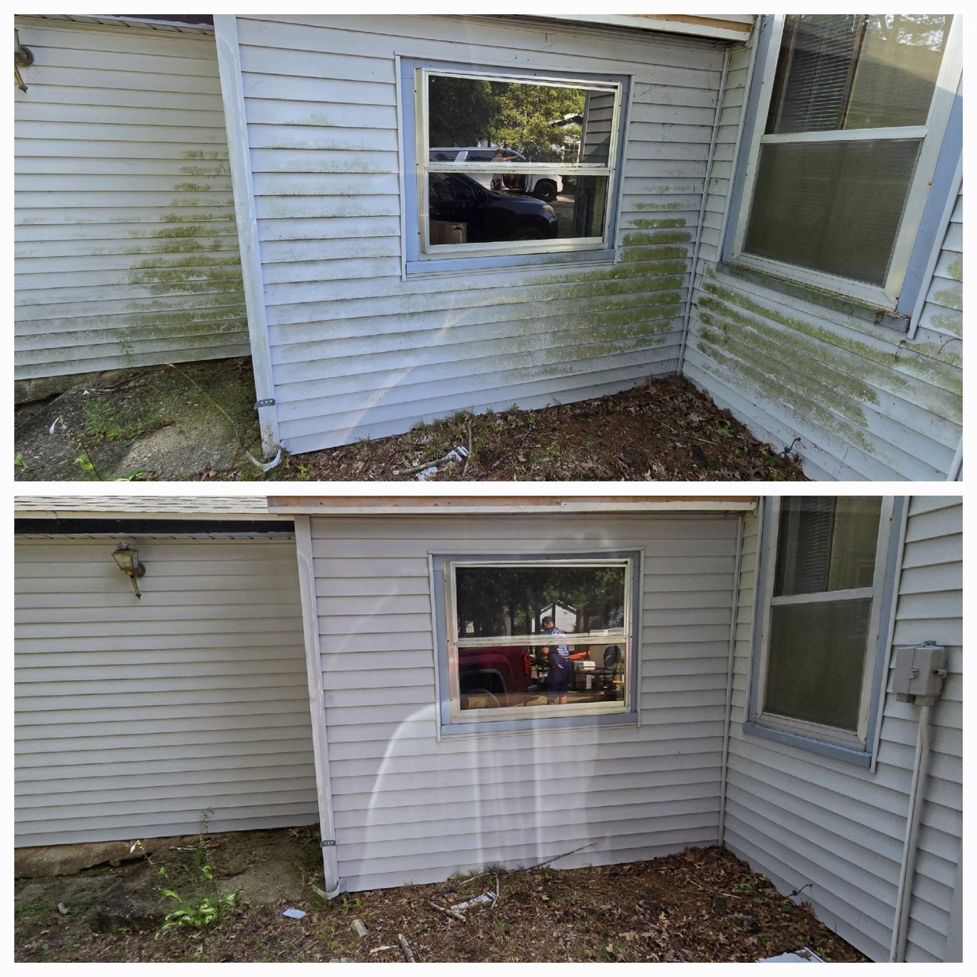 A before and after picture of a house with a window.
