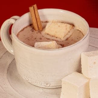 A cup of  spiced hot cocoa with marshmallows and cinnamon sticks.