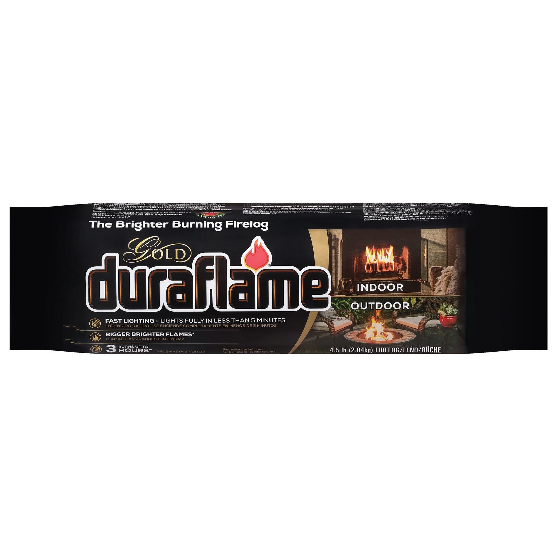 A black and gold package of a single duraflame Gold firelog on a white background.