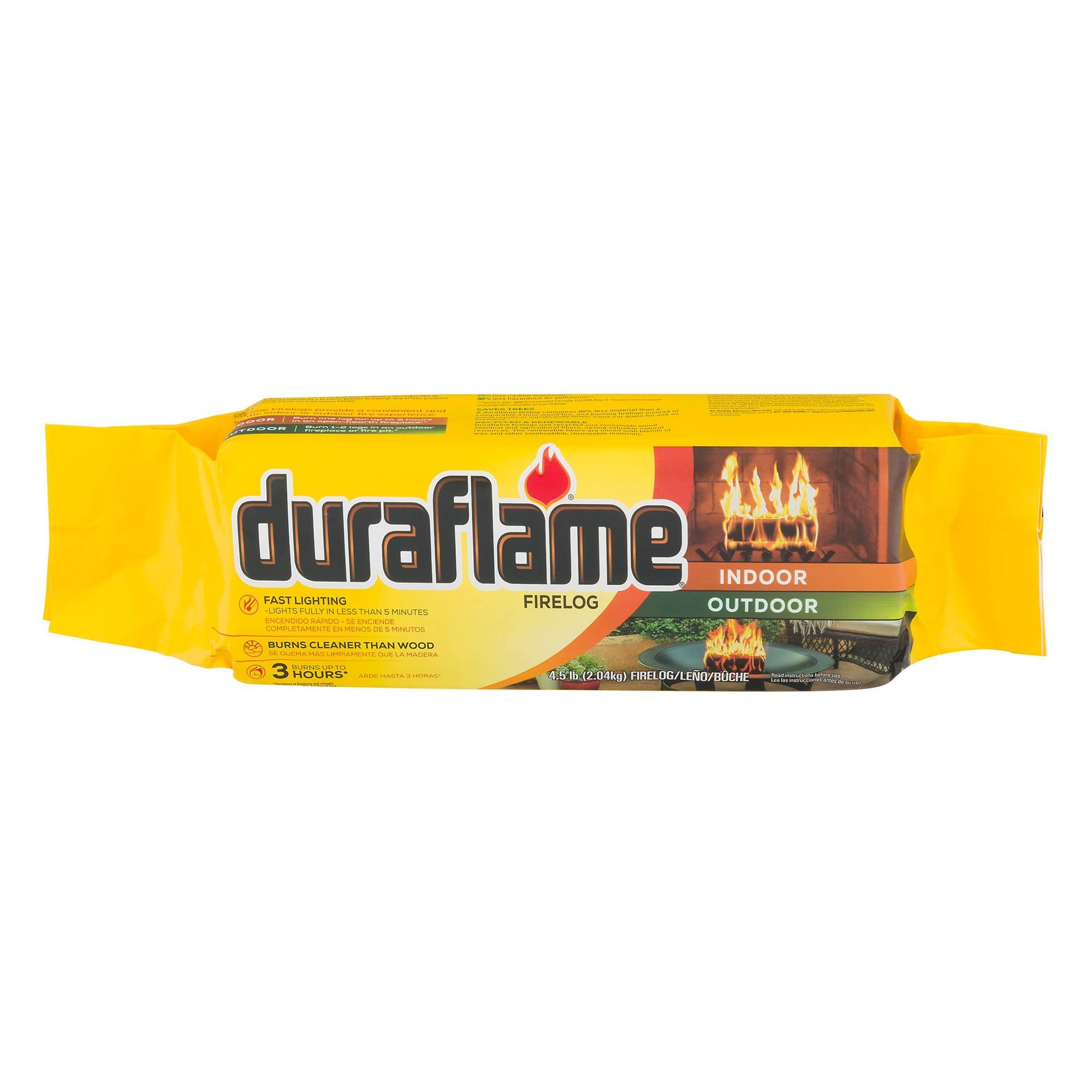 A yellow package of a single duraflame 4.5lb indoor/outdoor firelog is shown on a white background.